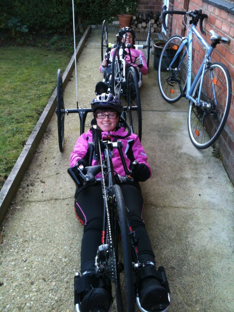 Sophie and I lining up in hand bikes on my path